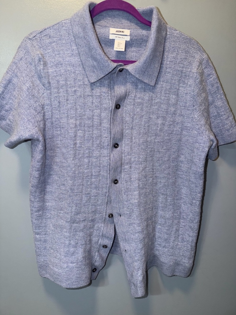 Jason Wu 100% Merino Wool Light Blue Short-Sleeve Button-Front Knit Shirt